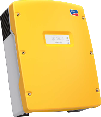 yellow battery inverter with blue and white SMA logo on it